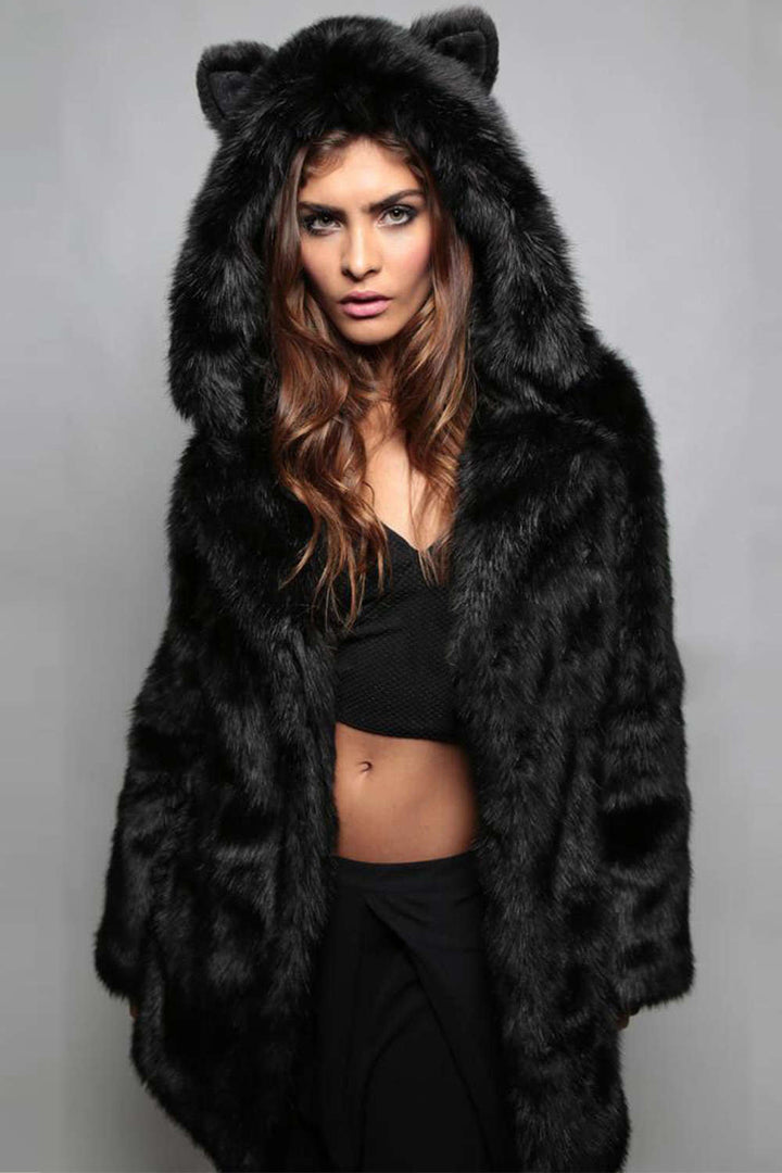 Levoire | Fauteuil en fausse fourrure Manteau à capuche oreilles mignonnes Noir