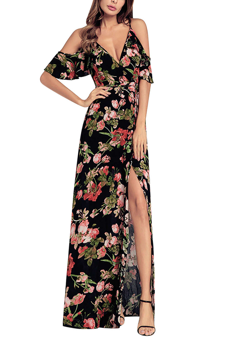 Levoire | Robe Maxi Imprimé Floral Décolleté V Épaules Dégagées Noir