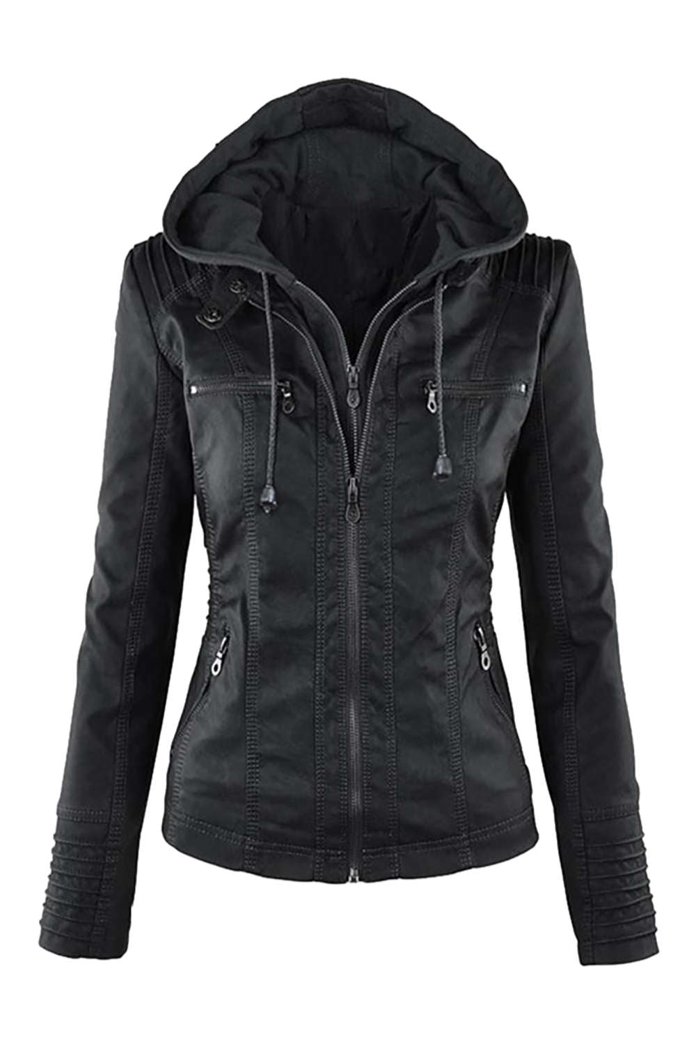 Levoire | Veste à capuche en similicuir pour femmes avec zip Noir