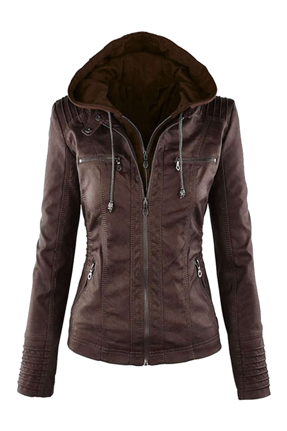 Levoire | Veste à capuche en similicuir pour femmes avec zip Café