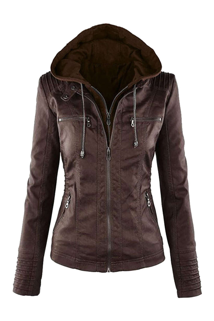 Levoire | Veste à capuche en similicuir pour femmes avec zip Café