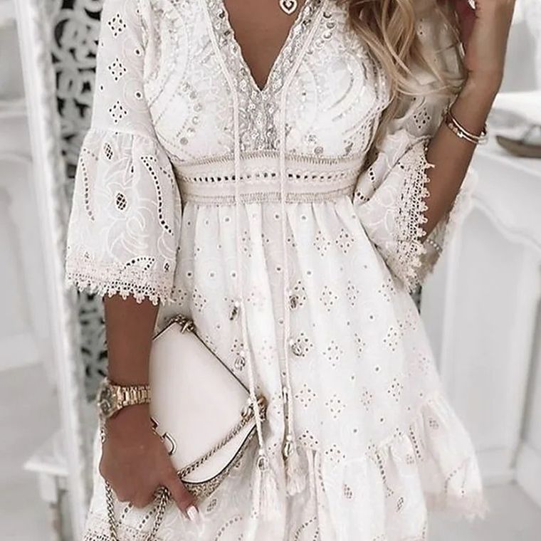 Levoire | Robe Courte En Dentelle Boho Blanc