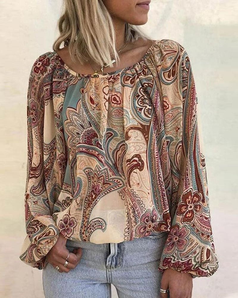 Levoire | Blouse Boho Avec Imprimé Et Lanternes Khaki