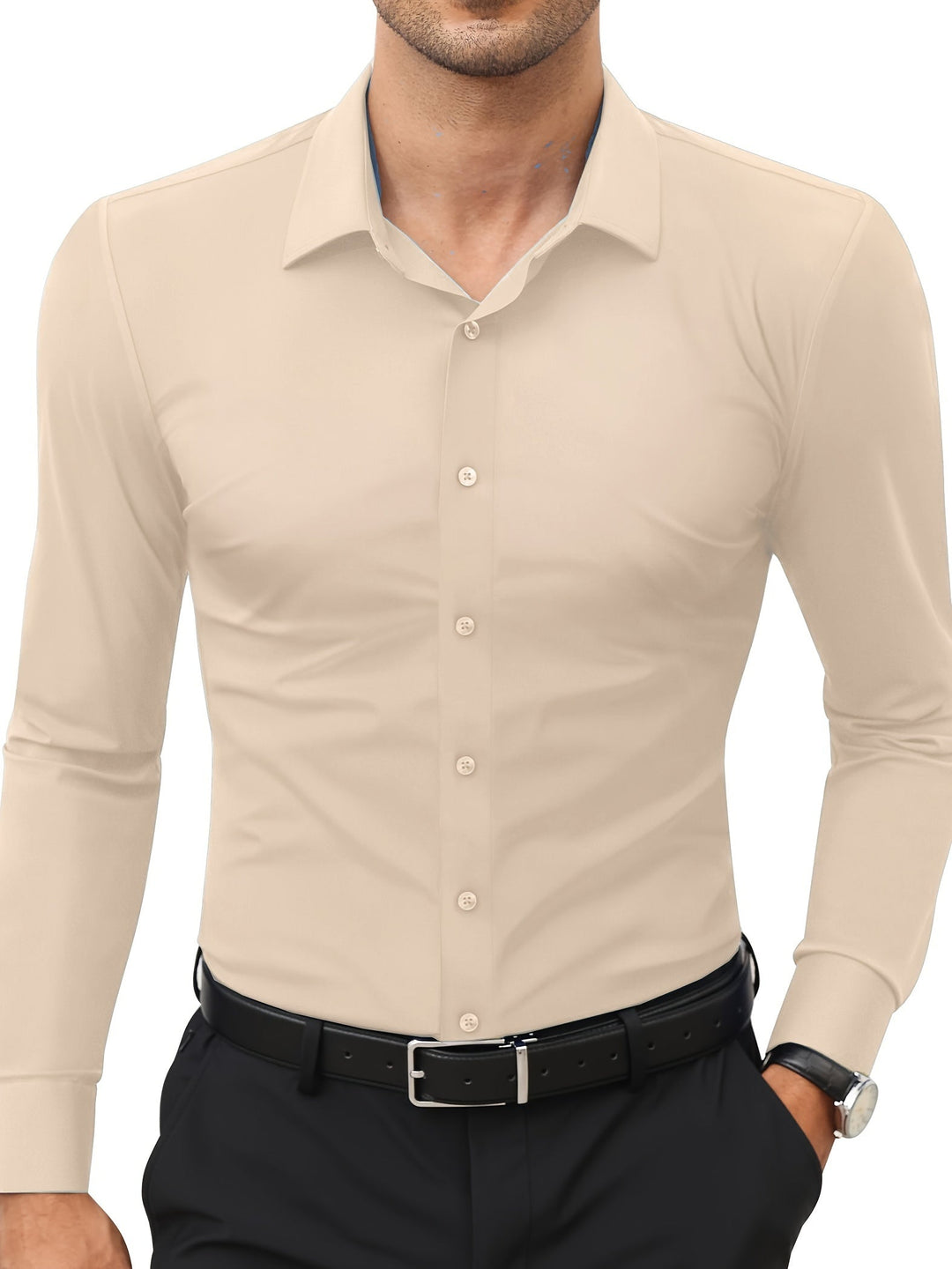 Levoire | Slim Fit Stretch Chemise Homme Boutonnée Beige