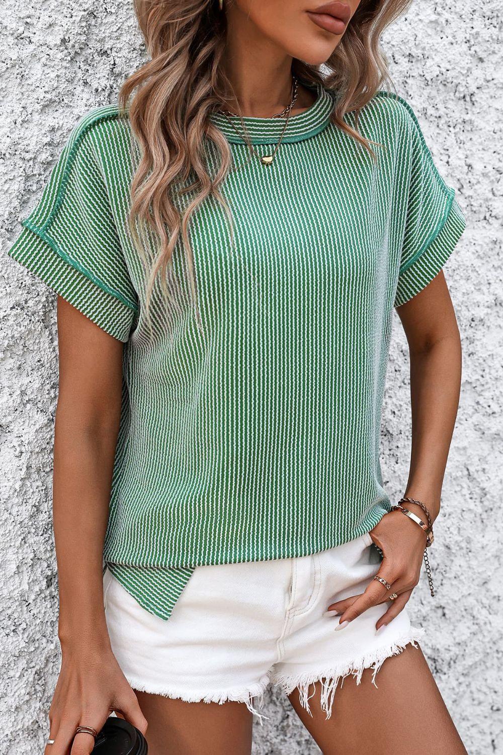 Levoire | T-Shirt Classique À Manches Courtes Rayé Avec Col Rond Vert