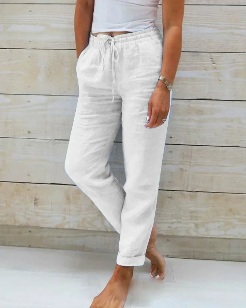 Levoire | Pantalon avec élastique à la taille en coton et lin Blanc