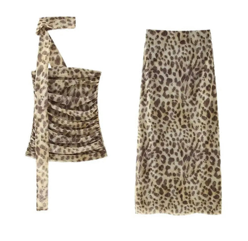 Levoire | Ensemble Léopard À Deux Pièces (Top Asymétrique Et Jupe Longue)