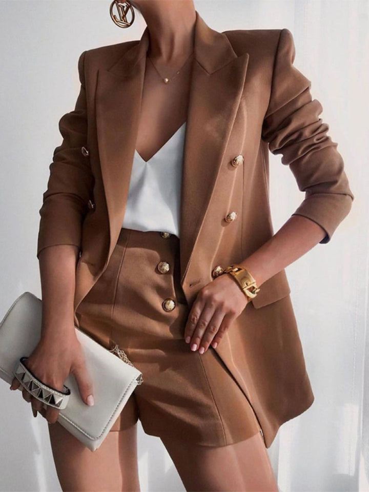 Levoire | Printemps Chic Blazer À Col Revers Et Short Court Ensemble Caramel