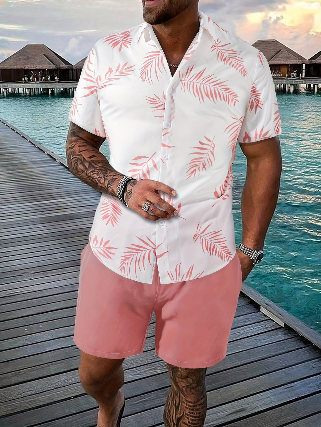 Levoire | Chemise Et Short Ensemble D'Été Pour Hommes Rosa