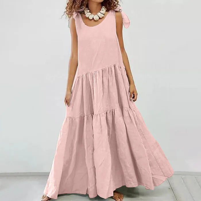 Levoire | Robe longue à volants décontractée avec gilet à lacets de couleur unie Rose