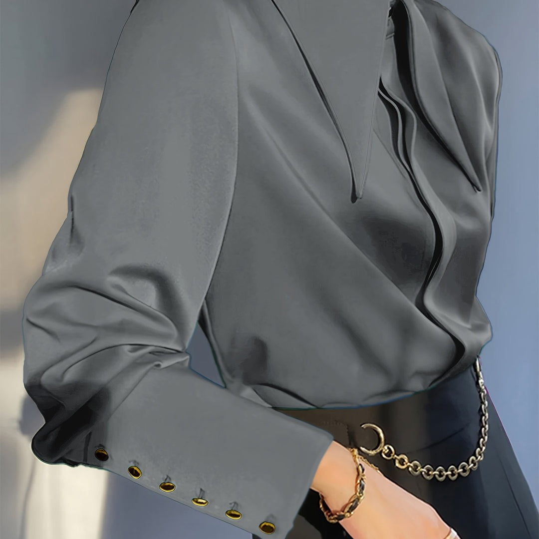 Levoire | Femmes Chemise En Satin Élégante, Col Revers Avec Détails De Boutons Rauché étain L