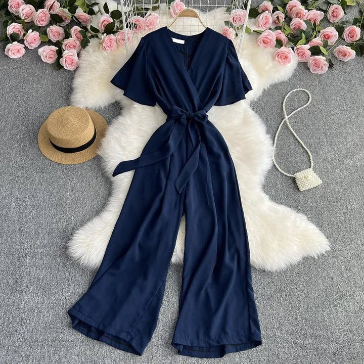 Levoire | Retro Temperament Combinaison à Manches Courtes Col en V Gris marine Une taille