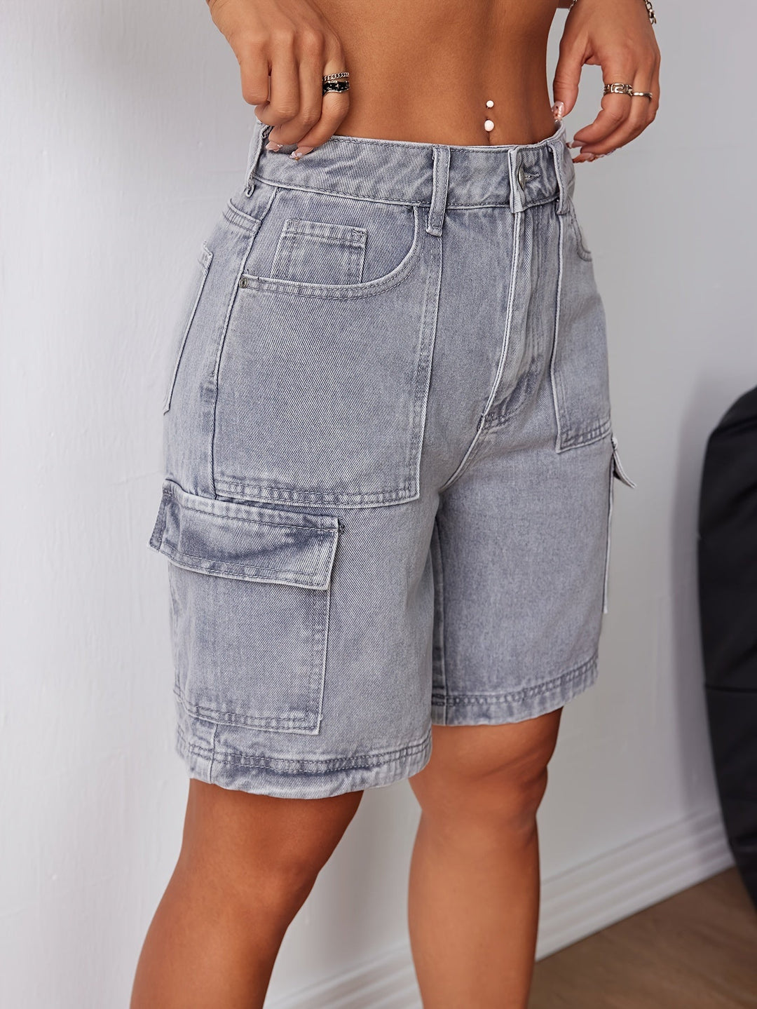 Levoire | Pantalons Cargo En Denim Gris Élégants À Taille Haute