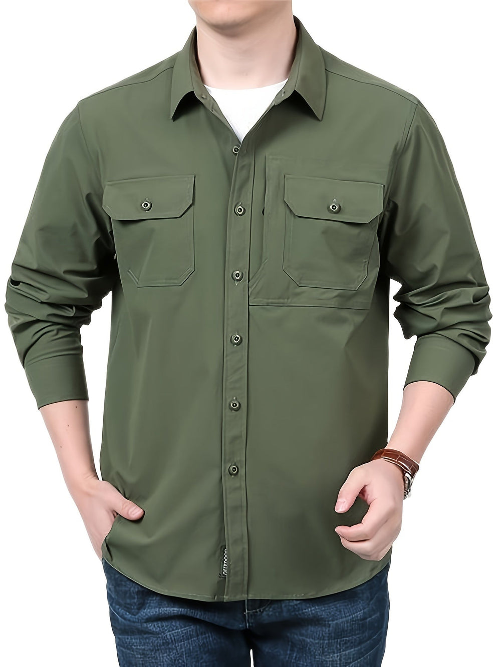 Levoire | Pour Hommes Chemise Cargo À Manches Longues Décontractée Unie