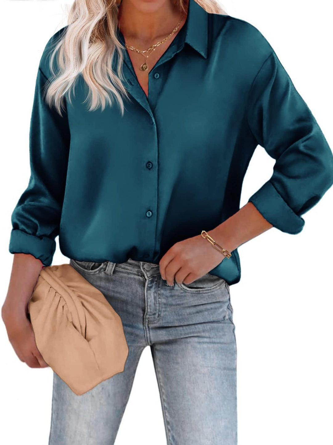 Levoire | Top Satin Décontracté Avec Bouton Et Manches Longues