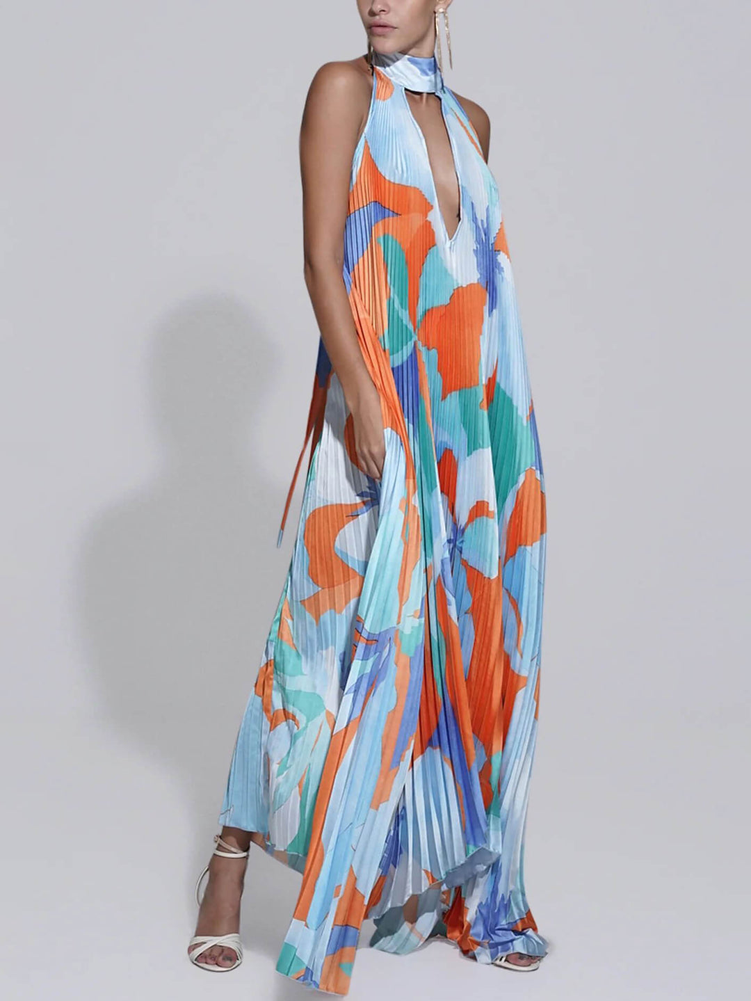 Levoire | Robe Maxi Dos Nu Plissé Bleu Orange