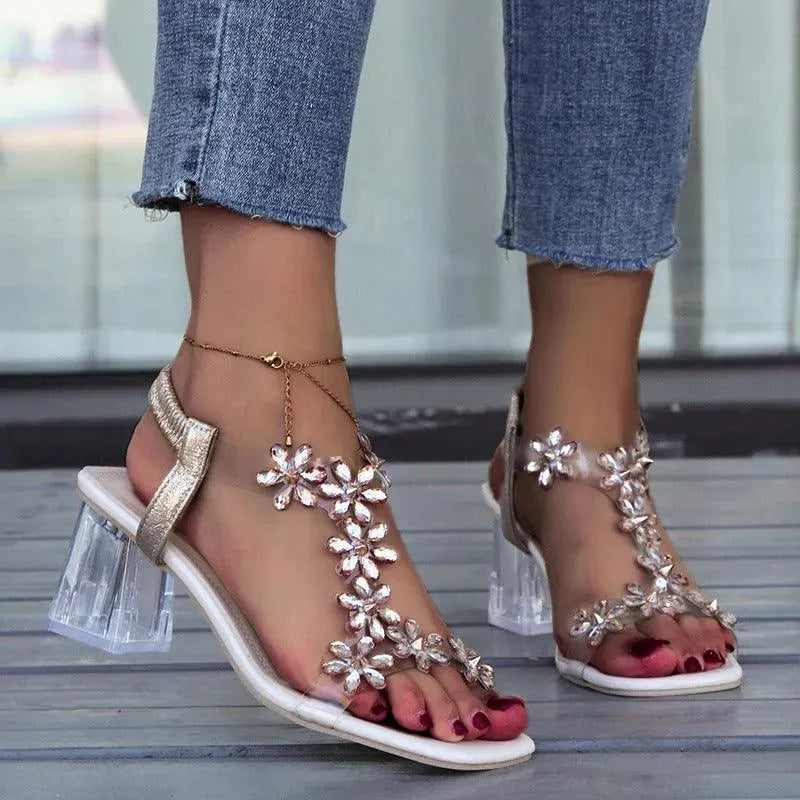 Levoire | Sandales à la mode avec des fleurs et un talon transparent carré Abricot