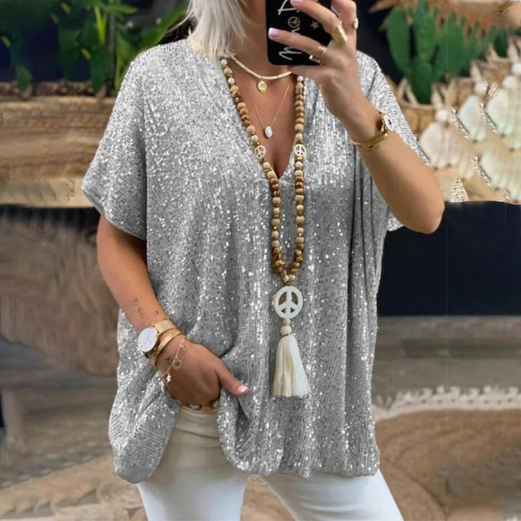 Levoire | Blouse À Paillettes Avec Décolleté En V Pour Femmes Gris