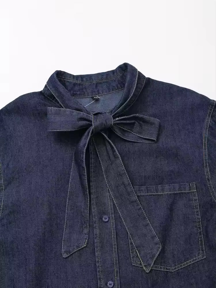 Levoire | Chemisier En Denim Sombre Avec Col À Nœuds