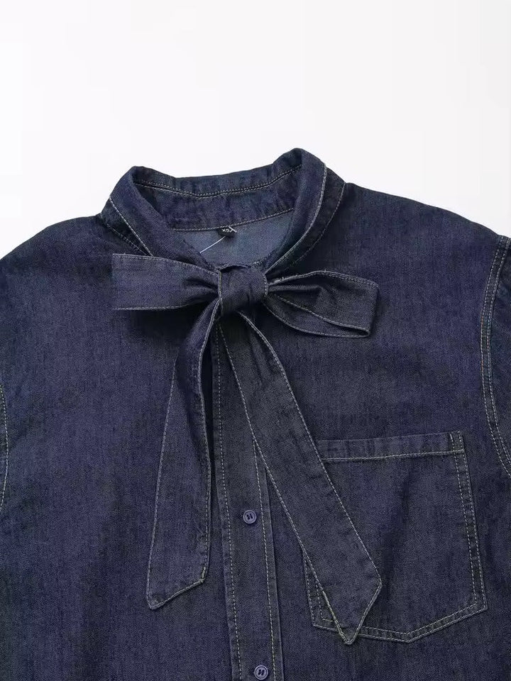 Levoire | Chemisier En Denim Sombre Avec Col À Nœuds