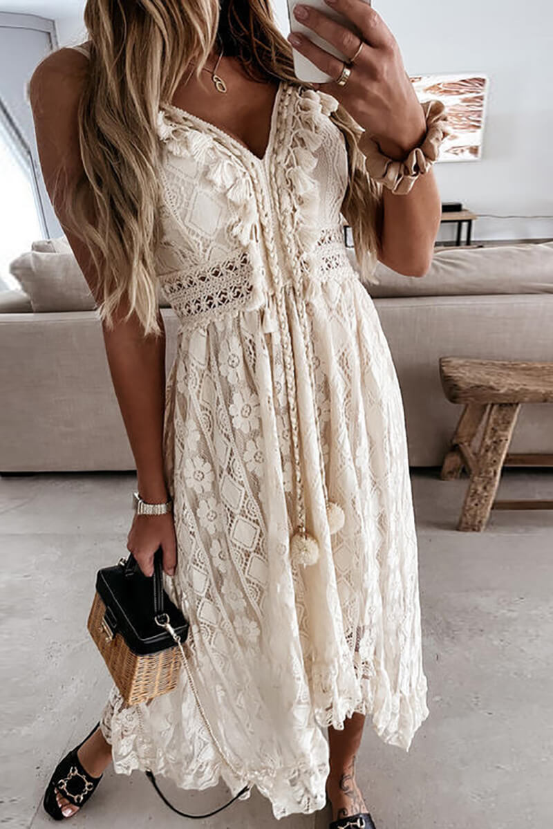 Levoire | Robe Midi Saumon Avec Dentelle Et Volants Beige clair