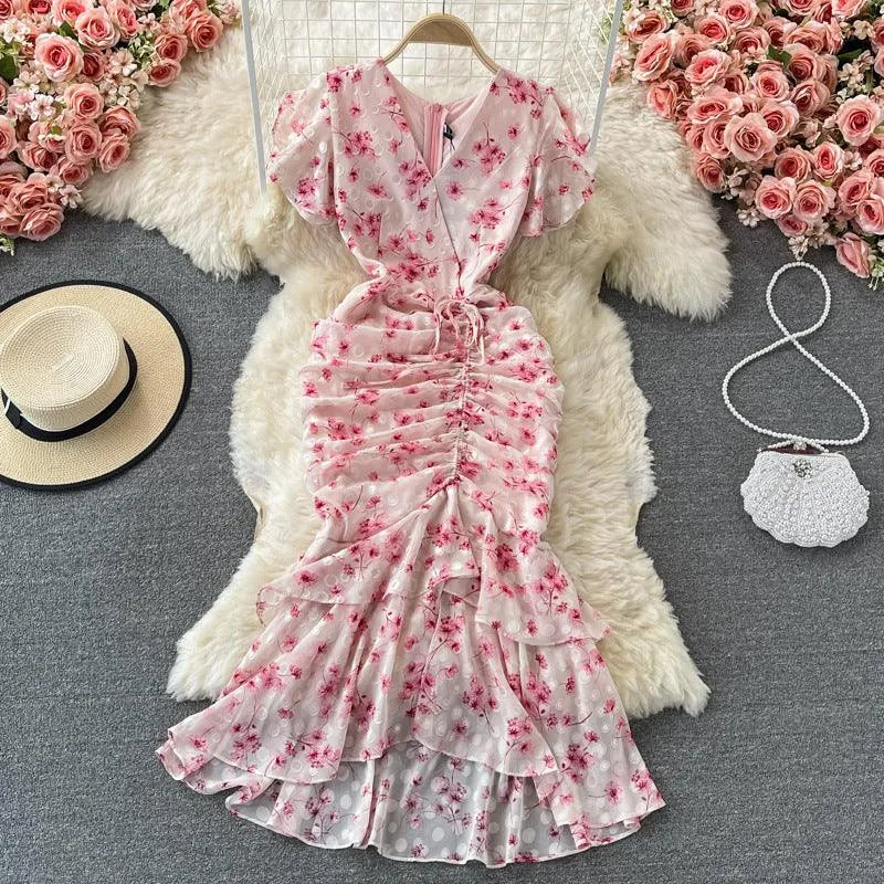 Levoire | Robe rétro française vent doux fleur de lotus V Rosa