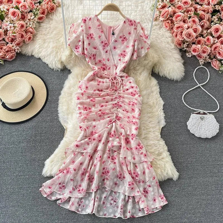 Levoire | Robe rétro française vent doux fleur de lotus V Rosa