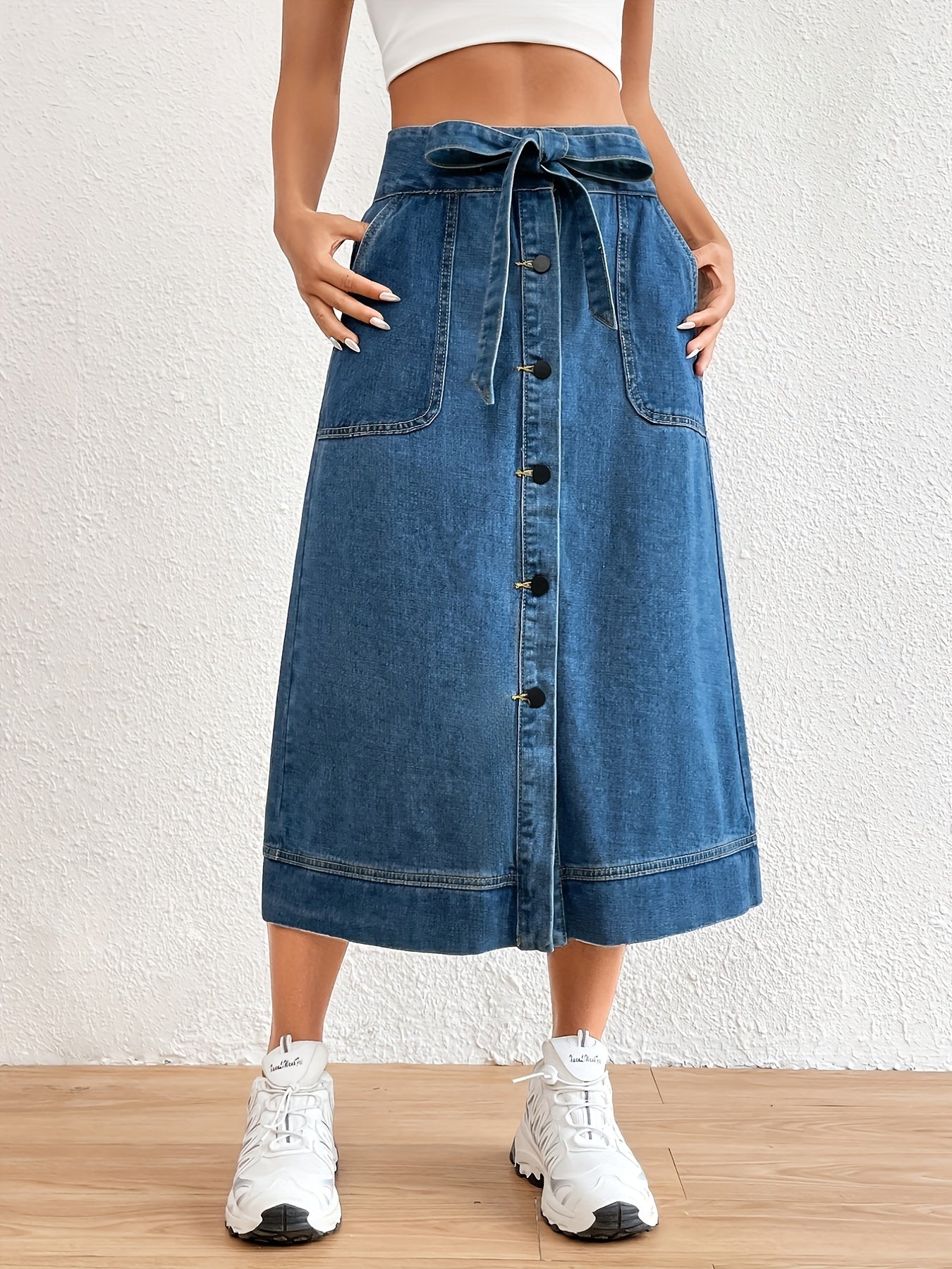 Levoire | Jupe Midi En Denim Uni Avec Ceinture À Nouer