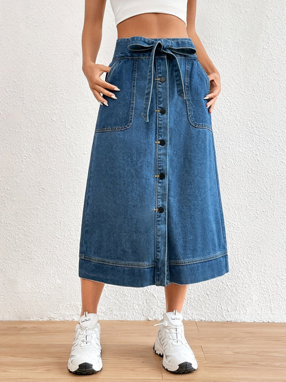 Levoire | Jupe Midi En Denim Uni Avec Ceinture À Nouer