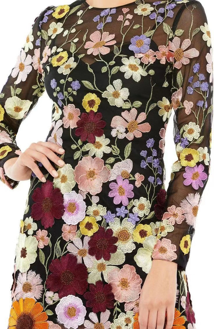 Levoire | Robe Courte Broderie Fleurs Manches Longues