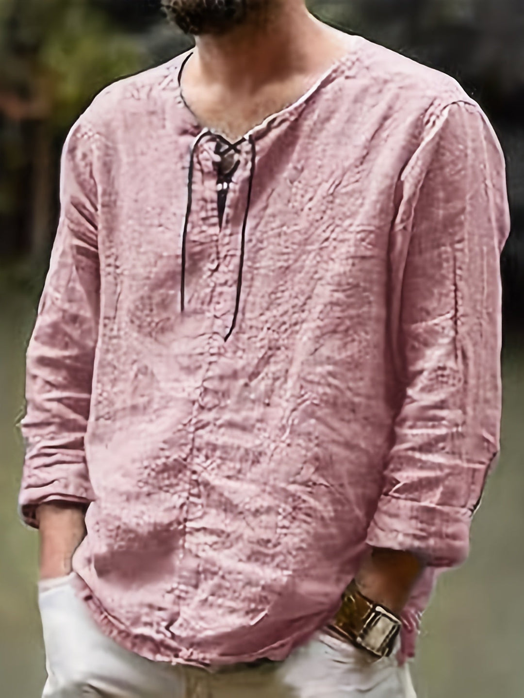 Levoire | T-Shirt Henley À Manches Longues En Mélange Coton-Lin Printemps/Automne Couleur rose pâle