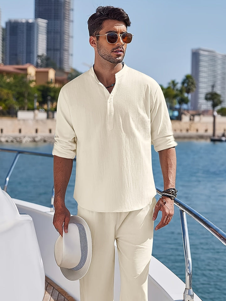 Levoire | T-Shirt Henley Homme Style Rétro À Manches Longues Uni Beige