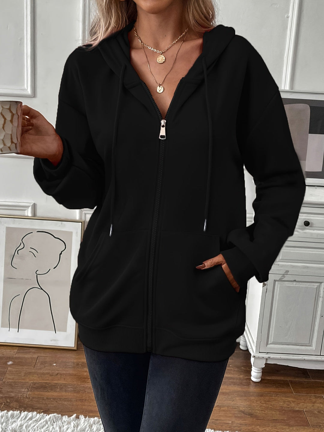 Levoire | Veste À Capuche Durable Avec Fermeture Éclair, Veste Longue À Manches Longues Avec Poches Noir