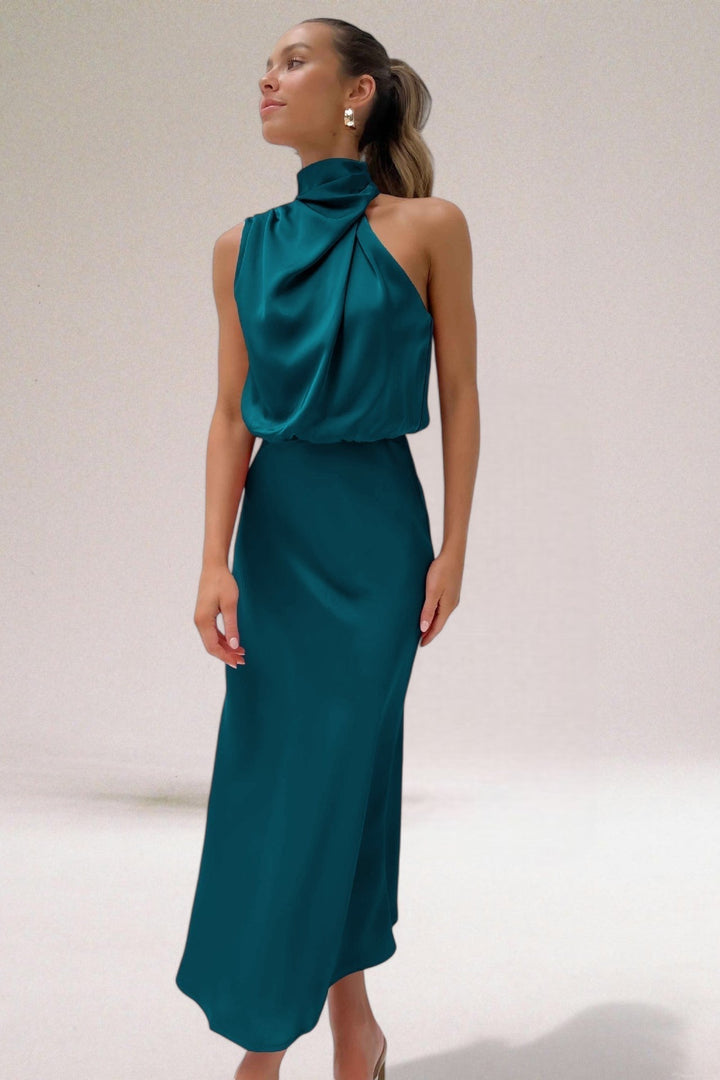 Levoire | Élégant Robe Maxi Halter En Satin Pour Femmes Aquagrün