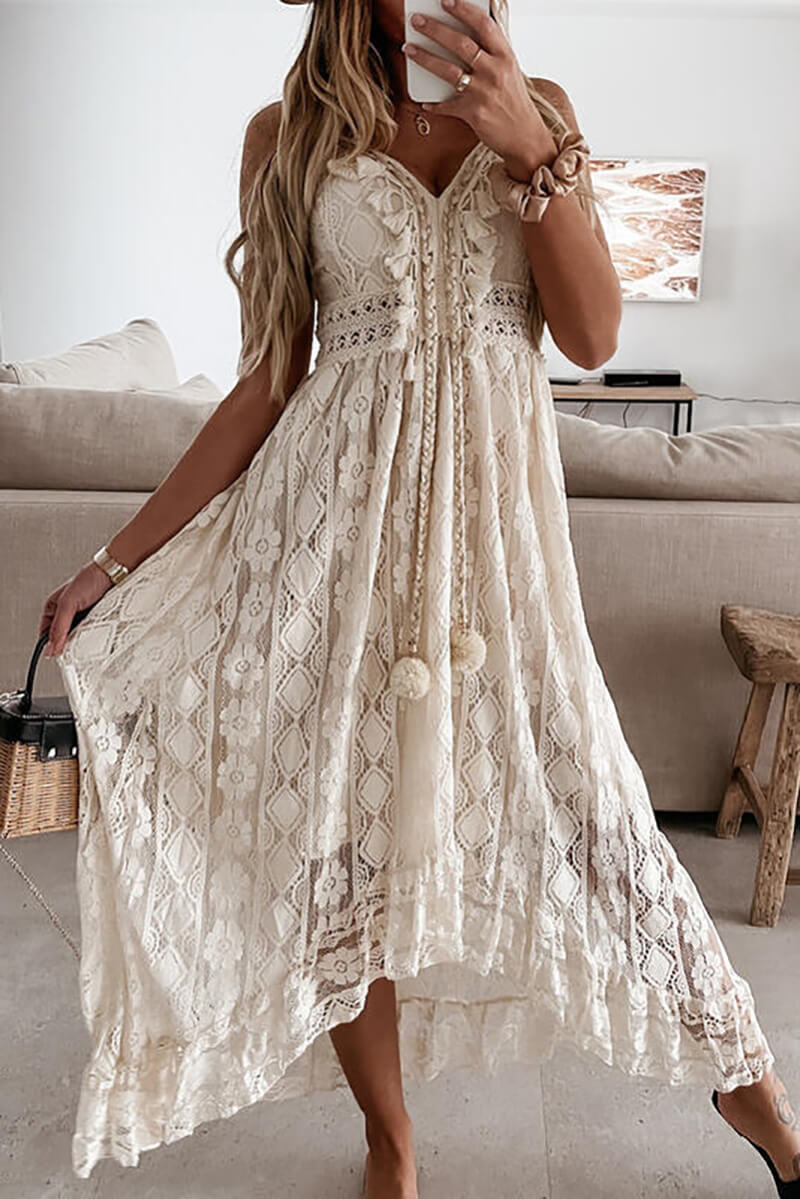 Levoire | Robe Midi Saumon Avec Dentelle Et Volants