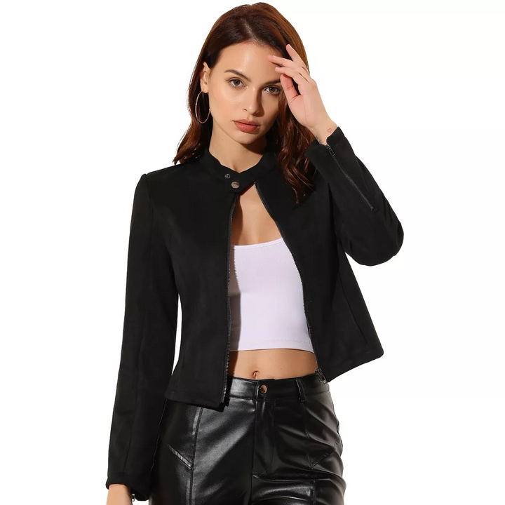 Levoire | Veste De Motard Courte Élégante Avec Aspect Daim Pour Femmes Noir