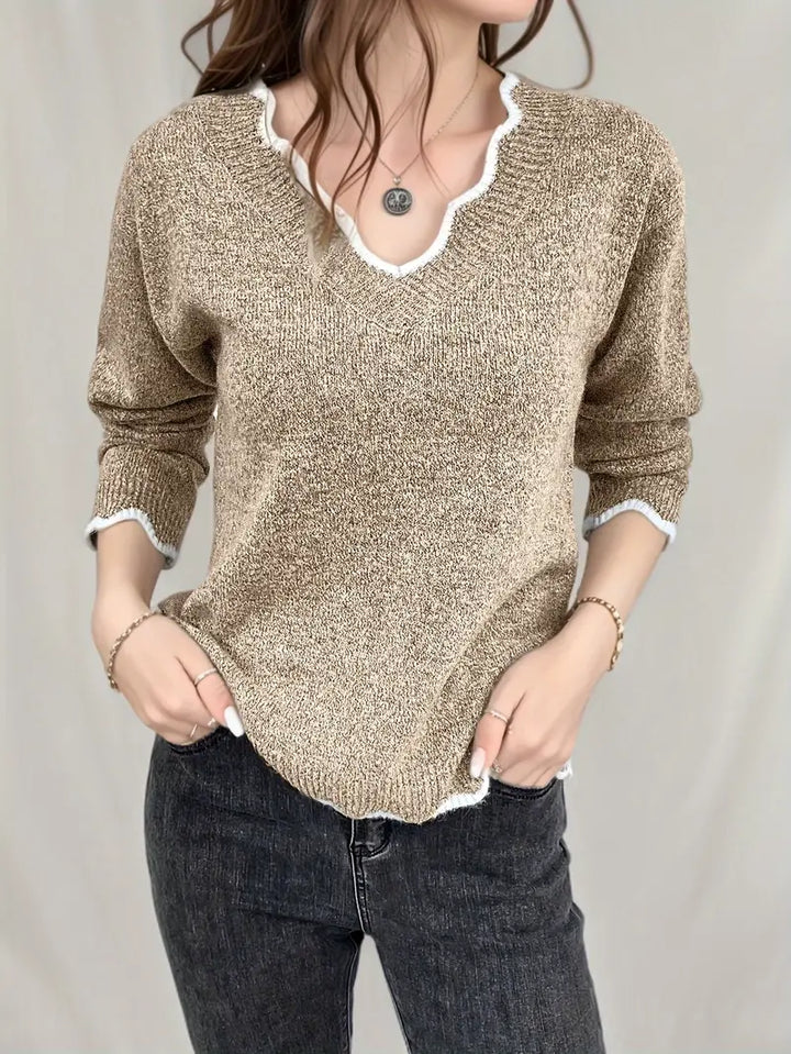 Levoire | Pull Tricot Décontracté Manches Longues Décolleté V Chameau