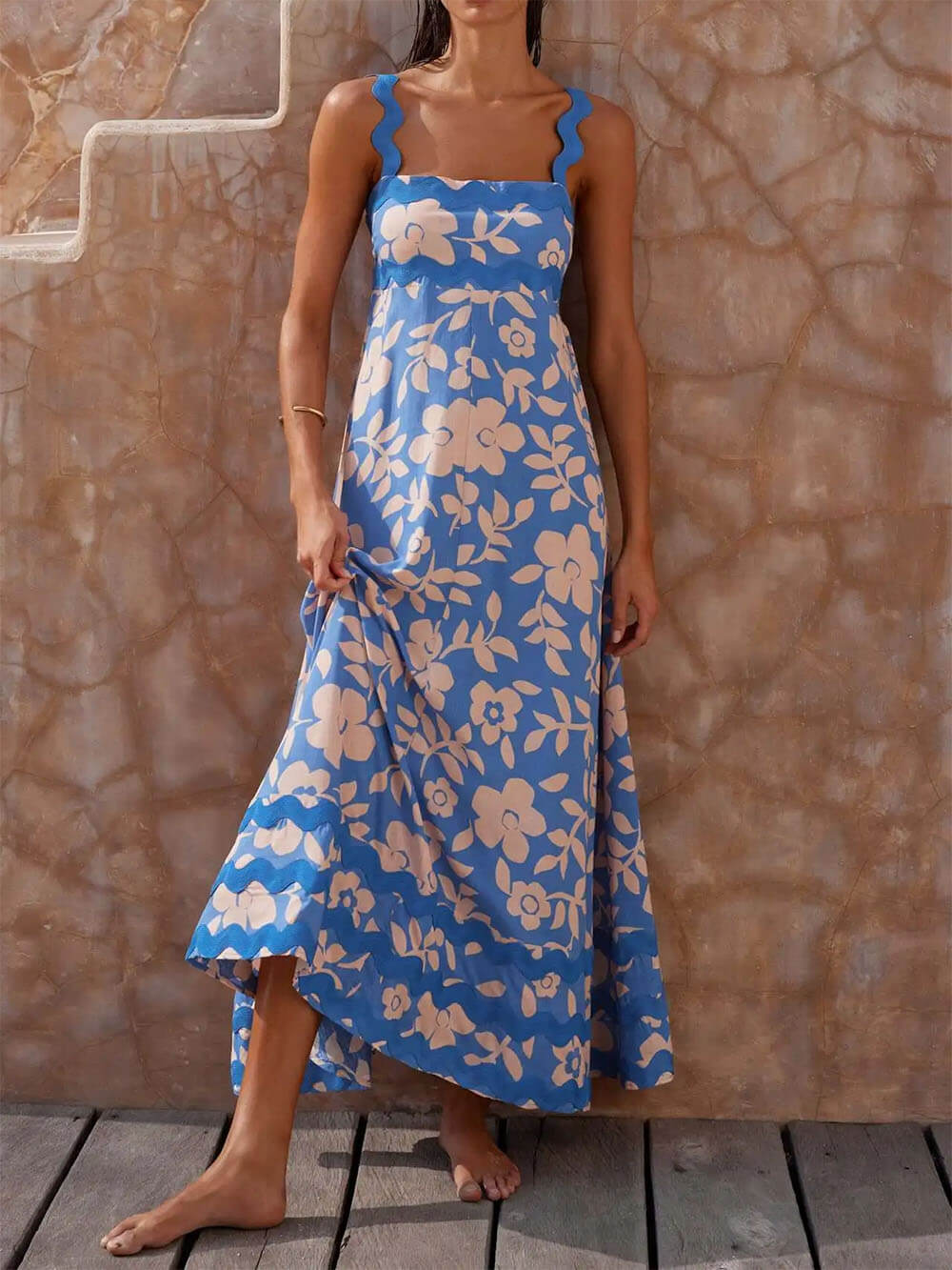 Levoire | Robe longue à bretelles et encolure carrée imprimée Bleu