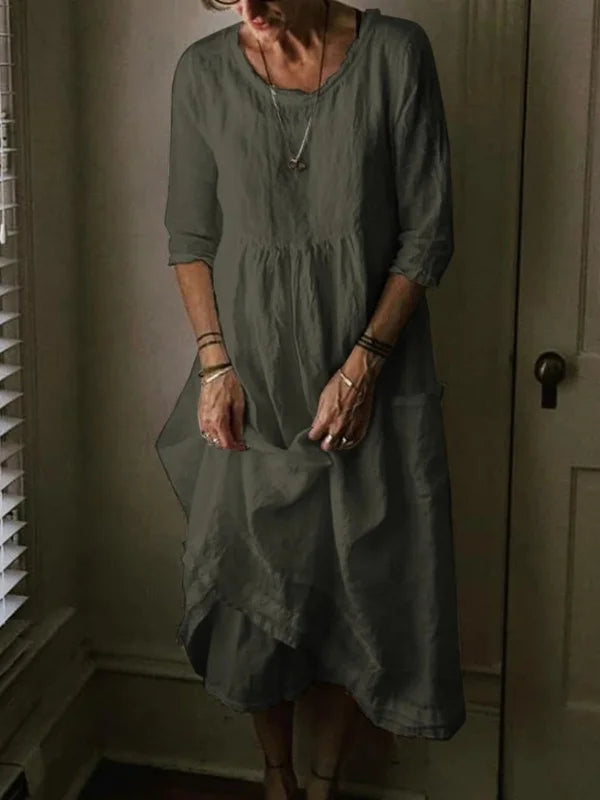 Levoire | Robe à col ras du cou à manches 3/4 en lin mélangé Gris foncé