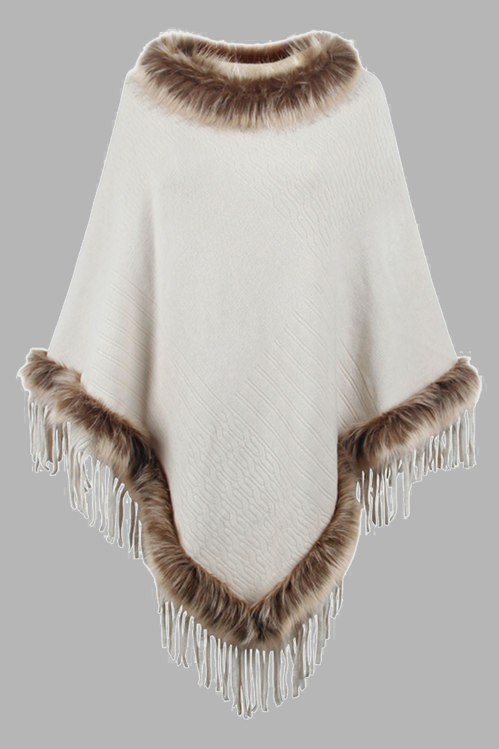 Levoire | Poncho De Luxe Avec Des Feuilles Et Col En Fausse Fourrure Beige Une taille