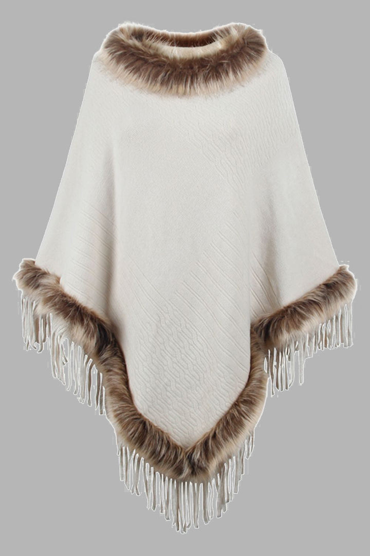 Levoire | Poncho De Luxe Avec Des Feuilles Et Col En Fausse Fourrure Beige Une taille