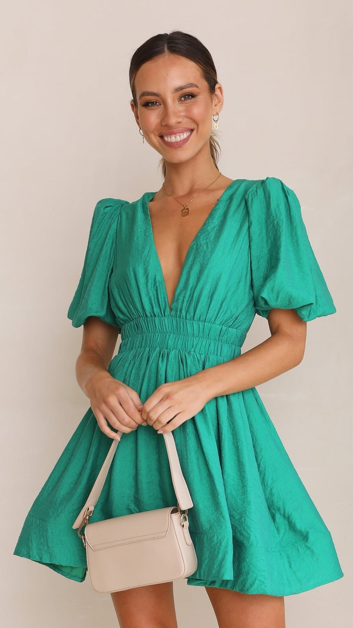 Levoire | Robe Mini Avec Décolleté En V Et Manches Bouffantes Pour Femmes Vert