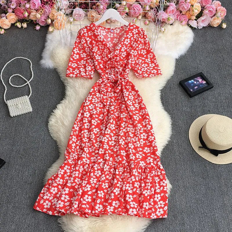 Levoire | Robe à fleurs à encolure en V avec manches bouffantes Rot Une taille
