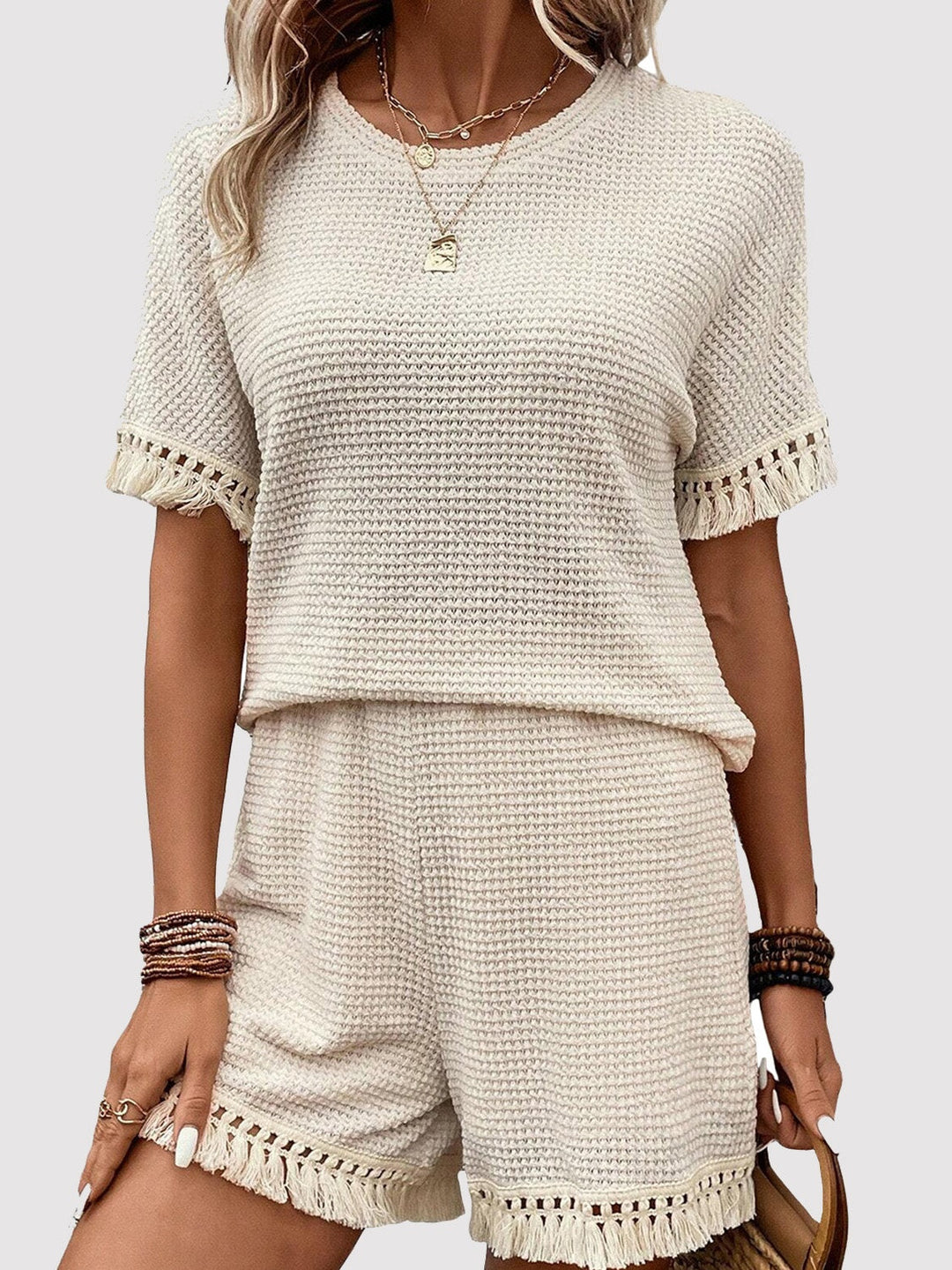 Levoire | Franges T-Shirt Col Rond Et Ensemble Shorts Crème