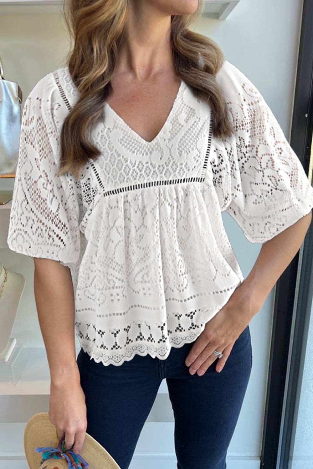 Levoire | Dentelle Crochet Découpé Ourlet Col En V Blouse Blanc