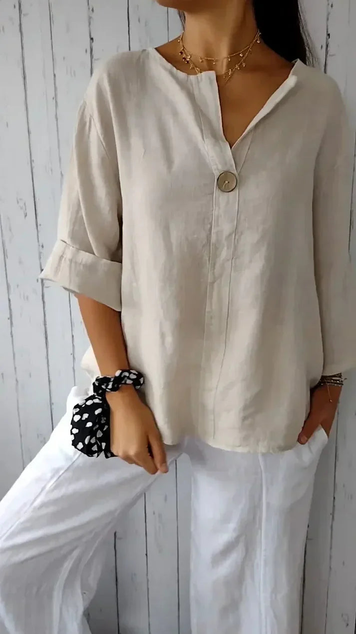 Levoire | Haut Confortable Avec Col En V En Coton Et Lin Beige