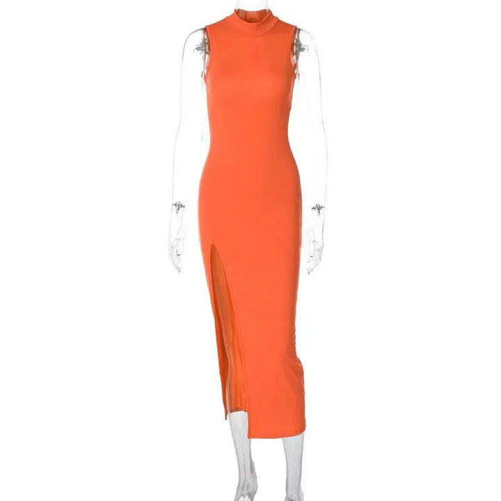 Levoire | Robe midi slim fit à encolure ronde et fente pour femmes Orange