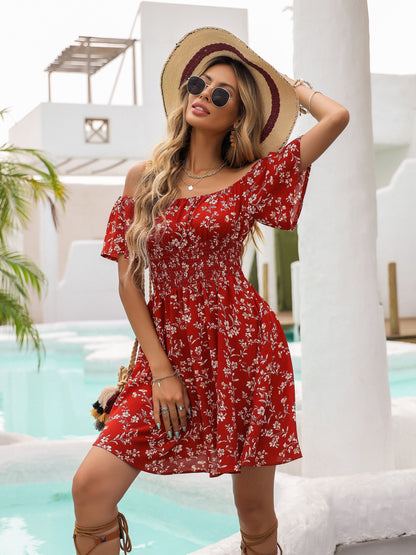 Levoire | Robe fleurie rouge à épaules découvertes