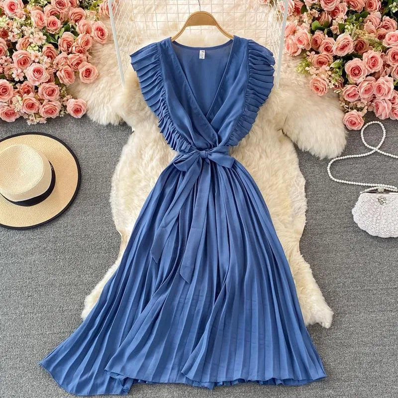 Levoire | Robe plissée à décolleté en V Bleu Une taille