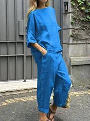 Levoire | Décontracté Haut Rond Uni & Pantalon Bleu